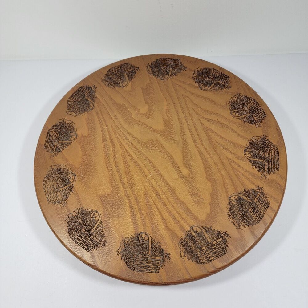 KS Lanam Co. Lazy Susan Etched Baskets Oak Wood 14 Inch Rare